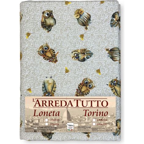 TELO ARREDO copritutto GRAN FOULARD COPRILETTO copridivano tessuto DIGITY GUFI gufetti beige in puro cotone 2 PIAZZE
