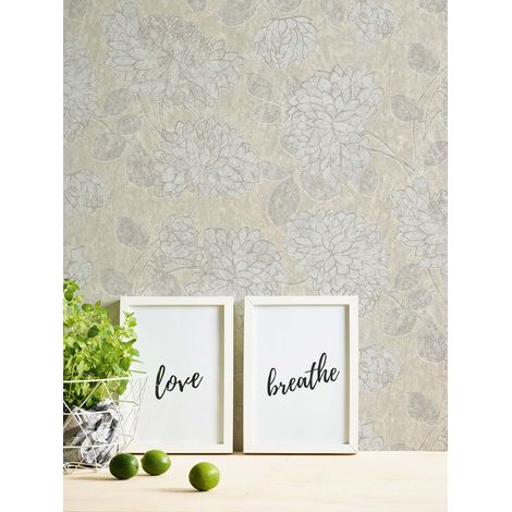 Papier peint intissé floral gris et crème Tapisserie à fleurs style vintage Papier peint élégant résistant et lavable idéal pour salon (1/4)