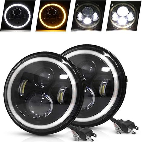 Phares ronds à LED homologués de 7 pouces neufs, 2 phares projecteurs Halo avec anneau Angel Eye et feux de jour jaunes, pour moto, Jeep et Land Rover.