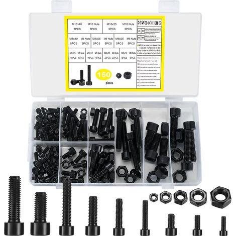 Vis à Tête Cylindrique à Hexagone Creux, 150 pcs. Vis Hexagonales avec Écrous Hexagonaux, Kit Assortiment de Vis à Tête Hexagonale pour Machines, Vis Métriques à Filetage - M4/M5/M6/M8/M10 (1/5)