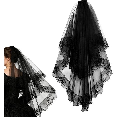 Schwarzer Schleier für Damen, floraler Gothic-Haarschmuck mit Kamm  Kurzer Spitzenschleier für Damen, Erwachsene, Beerdigungen, Hochzeiten, Partys, Halloween, Fotografie (1/5)