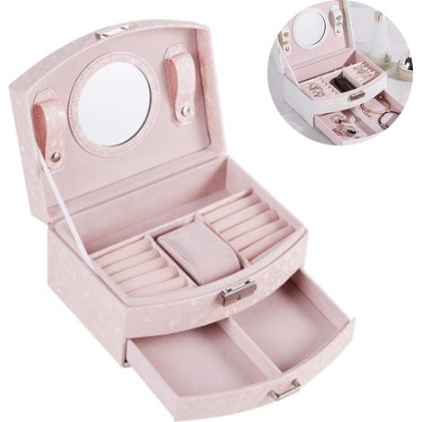 Boîte À Bijoux - Cuir Pu - 20 x 16 x 10 cm - Avec 2 Tiroirs et Miroir Intégré - Blanc ou Rose Clair (1/5)