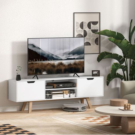 Mueble para TV de tablero de partículas y MDF blanco 150x39x50 cm con 2 armarios, 2 estantes abiertos y pasacables (1/5)