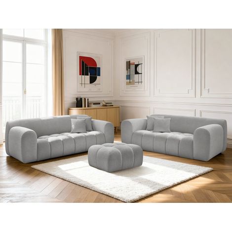 BOBOCHIC - Ensemble canapé droit fixe 3 + 2 places MELISSE tissu chiné avec pouf   Gris clair