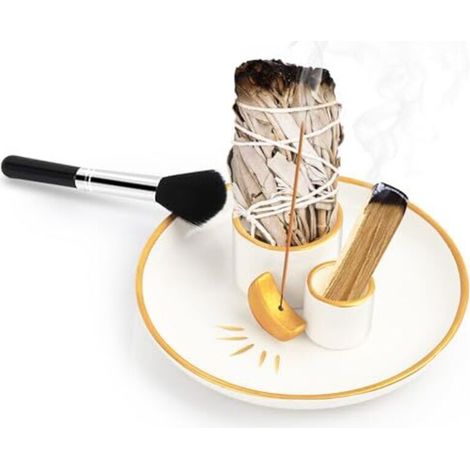 4-in-1 Mondförmiger Räuchergefäß aus Keramik – Halter für Räucherstäbchen, Palo Santo und Meditationszubehör, spritzwassergeschützte Schale