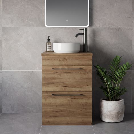 Napoli 390 Tobacco Oak 600mm 2 Drawer Vanity Unit for Countertop Basins - 600mm - Gunmetal Grey 320mm Handle