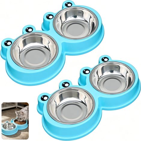 Stainless Steel Double Bowl Cat Dog Bowl, 2 x Non-Slip Feeders for Food and Water, Ultra Bite-Resistant, Frog Design, Blue (1/5)