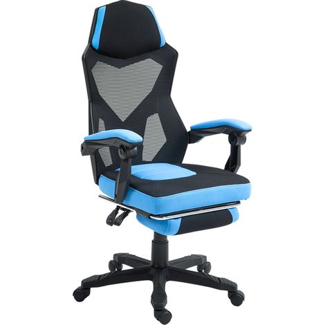 Fauteuil de jeu avec repose-pieds, hauteur réglable et dossier inclinable à 135°, 58 x 63 x 112-122 cm, bleu et noir (1/5)