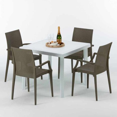 Tavolino Quadrato Bianco 90x90 cm con 4 Sedie Colorate Bistrot Arm Love - Marrone