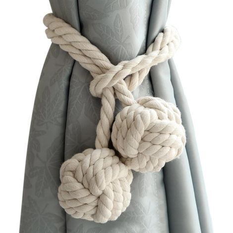 Embrasse de rideau avec 2 boules de coton, fil de coton tricoté écologique, style naturel et simple, décoration pour salon ou chambre (Beige) (1/3)