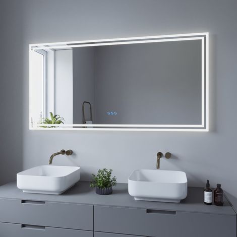 LED Bad Spiegel mit Licht Beleuchtung gross 140x70cm ESSENS Typ C Touch Sensor Dimmbar Spiegelheizung Kaltweiß 6400K Warmweiß 3000K (1/5)