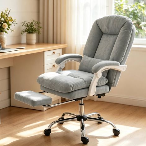 Sedia da ufficio ergonomica in velluto grigio chiaro, regolabile in altezza e reclinabile fino a 155°, con poggiapiedi estraibile e supporto lombare FLORAGRACE (1/5)