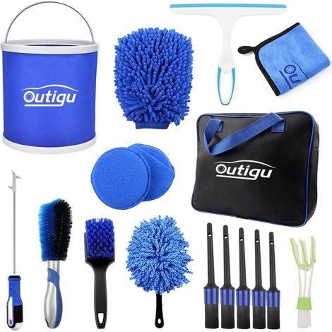 Kit de nettoyage de voiture, 17 pièces pour extérieur et intérieur de voiture avec sac, brosse pour roues, seau, brosse pour grille d'aération, plumeau, brosse de détail (17) (1/5)