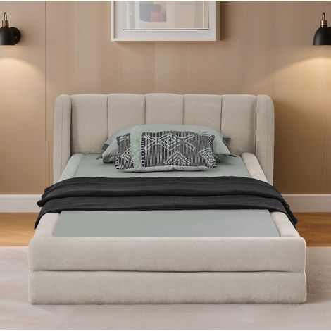 Letto singolo in tessuto chenille beige 90x200 cm, con testiera imbottita ergonomica e rete inclusa (1/5)