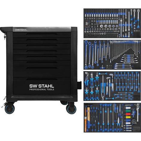 SW-Stahl Z3212 Profi Werkstattwagen TT802 schwarz I 8 Schubladen I 4 Schubladen gefüllt I 338 teilig I Werkstatt Rollwagen mit Werkzeug bestückt I Twin-Lock I Werkstattwagen kit I voll ausgestattet (1/5)
