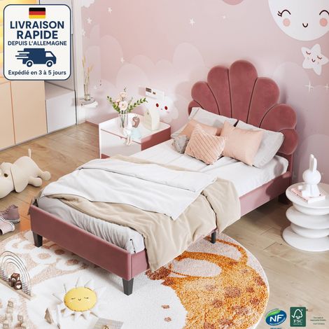 Lit enfant 90x200 cm, velours, lit simple, sommier à lattes, sans couchage, rouge (1/5)