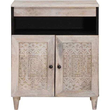 Buffet Bas en Bois de Manguier Massif, Meuble de Rangement 3 Portes avec Étagères Ajustables, Style Industriel pour Salon ou Salle à Manger, 60 x 33 x 75 cm (1/5)