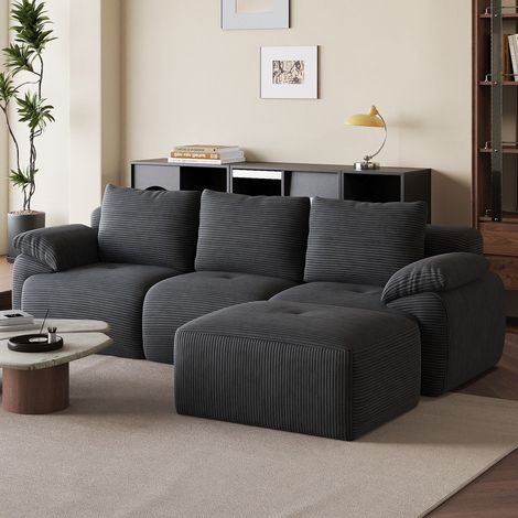Sofá modular en L de 3 plazas  - 264 x 89 x 71 cm - Sofá esquinero con otomana sin estructura y asiento profundo - en terciopelo acanalado gris (1/5)