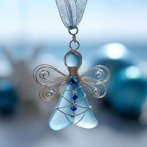 Ornement En Verre De Mer - Décor De Noël Côtier - Pendentif À Ailes En Fil Métallique - Pour Arbre De Noël Porte Ou Bijou - 1 Pièce (1/5)