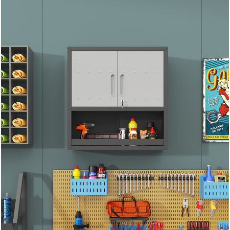 Armario de pared para herramientas de metal con puerta cerrable, estante y hueco abierto, gris (1/5)