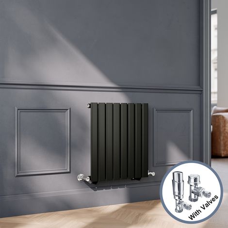 ELEGANT Black Flat Panel Central Heating Radiator with Chrome Angled Thermostatic Radiator Valves 600 x 544mm Horizontal Single Panel Rads (1/5)