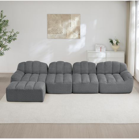 Divano modulare 4 posti con 1 pouf, forma a conchiglia, schiuma alta densità 32D, grigio DESVIAE (1/5)