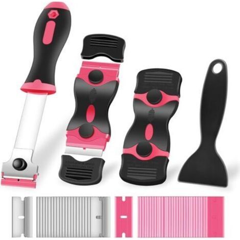 Multi-purpose window scraper, cleaning tool with replacement blades for stickers, hobs, paint stripping (pink) (1/4)