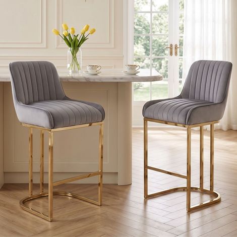 Wahson Bar Stools Set of 2 Velvet Armless Breakfast Kitchen Counter Stools with Metal Frame Bar Chairs for Home Bar Restaurant, Grey, (1/5)