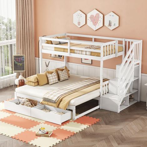 Lit superposé enfant 90x200 cm avec lit gigogne extensible, escalier rangement, tiroirs, sommier inclus, sans matelas, pin blanc (1/5)
