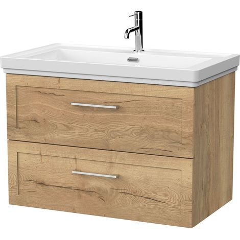 Stonnall Traditional Wall Hung 2 Drawers Vanity Unit with Traditional 1 Tap Hole Fireclay Basin, 800mm, Autumn Oak