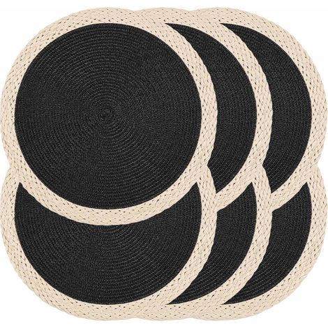 Ensemble de 6 napperons ronds tressés - Sets de table lavables résistants à la chaleur, 38,1 cm pour table de salle à manger, antidérapants, pour intérieur et extérieur, pour Pâques (01'01 Noir 6 pcs'