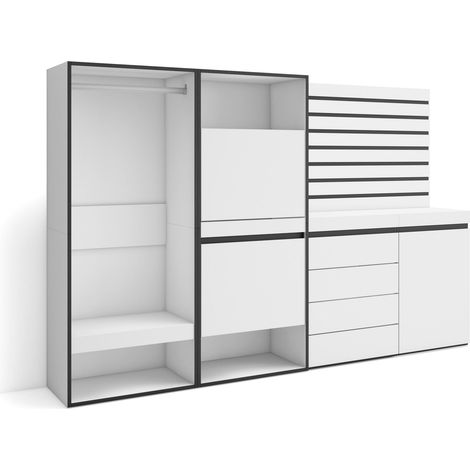 Skraut Home - Zapatero, Armario zapatos botas, 227x145x35 cm, Dormitorio, habitación, Vestidor abierto, Cómoda, Cajonera, Listones Decorativos, Estilo Moderno, Blanco (1/5)