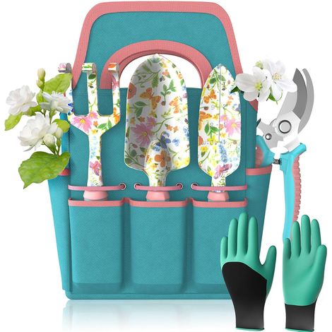 6-teiliges Gartengeräte-Set, Aluminiumlegierung + Tasche, ergonomischer Griff, Blumenmuster, Geschenk.