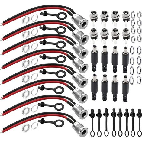 DC 5,5 x 2,1, Connecteur Alimentation 12V kit,8pcs Panneau Monture Connecteur(avec Ligne)+8PCS Connecteur Plug DC 12v+8PCS onnecteur Alimentation À Souder+16PCS Capuchon en Caoutchouc (1/5)
