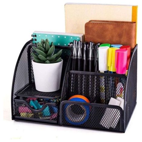 Rangement de Bureau Multifonctionnel, Organisateur de Bureau en Filet Simple avec Tiroir Coulissant, Porte-Stylo Peu Encombrant (Noir) (1/4)