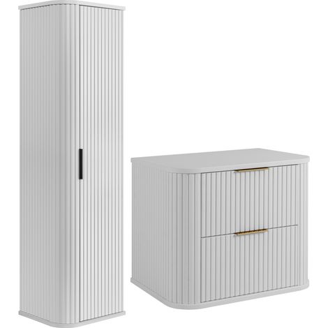Rodan Badmöbel Set 60,4 cm, 2-teilig, Weiß, 41,5 x 60 x 51,7 cm, MDF-Fronten, Hochschrank und Waschbeckenunterschrank