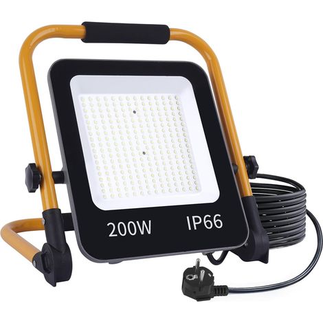 Projecteur LED Chantier 200W,20000LM Éclairage de Chantier avec Prise EU/Cordon 2M/6500K,IP 66 Étanche Spot LED Extérieur Pliable Portable Phare de Travail pour Atelier,Garage,Jardin (1/5)