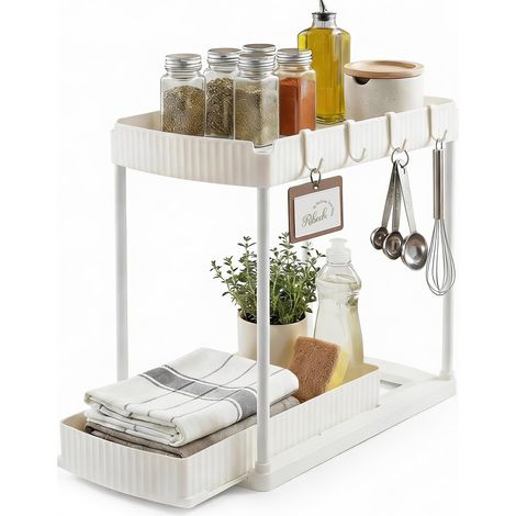 Organisateur sous Évier, 2 Niveaux avec Tiroirs, Rangement Coulissant pour Cuisine, Salle de Bains, Buanderie - Économiseur d'Espace (1/4)
