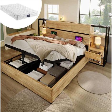 DESVIAE Lit double avec rangement tête de lit avec tiroirs et ports USB Type C 160 x 200 cm finition chêne structure métal et MDF matelas inclus (1/5)