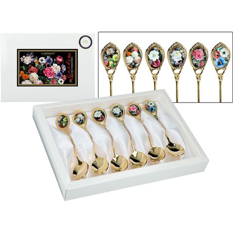 Lot de 6 cuillères à thé assorties, 2 motifs floraux, cuillères cadeaux Carmani (1/5)