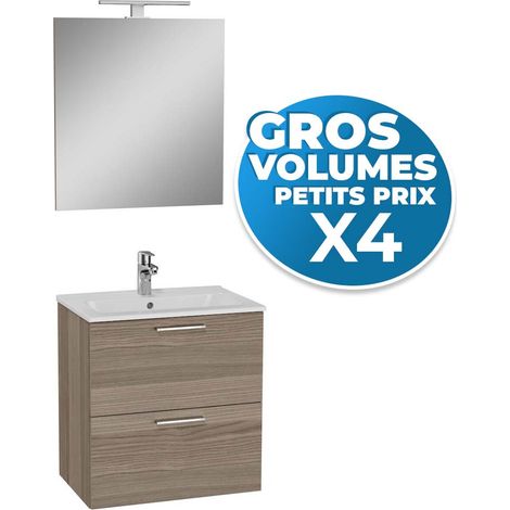 Lot de 4 meubles de salle de bain Mia 60 cm avec miroir, lavabo et éclairage LED, finition Cordoba (MIASET60C-GVP04)