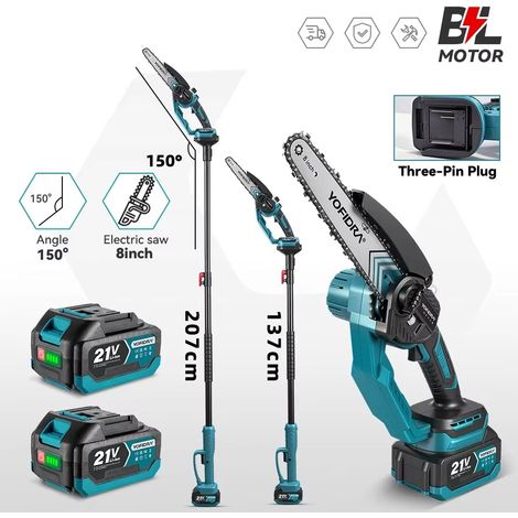 Tronçonneuse électrique télescopique sans fil 8 pouces – élagueuse portable pour arbres et jardin – batterie 21V – 2 batteries incluses