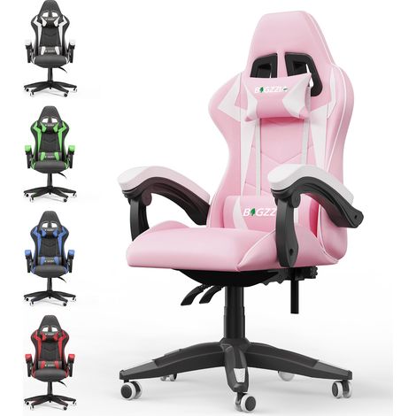 Chaise Gaming - Chaise de jeu ergonomique - Soutien Lombaire et Appui-tête - Inclinable réglable & Hauteur - jusqu'à 136Kg - Rose et Blanc