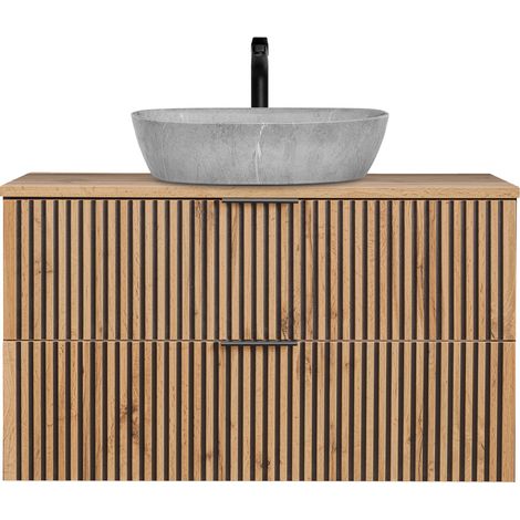 Waschtisch 100 cm mit Waschbecken Keramik Beton Optik XANTEN-56 in anthrazit mit Eiche Nb. schwarz gerillt, B/H/T: ca. 100,6/72,7/46,5 cm (1/5)