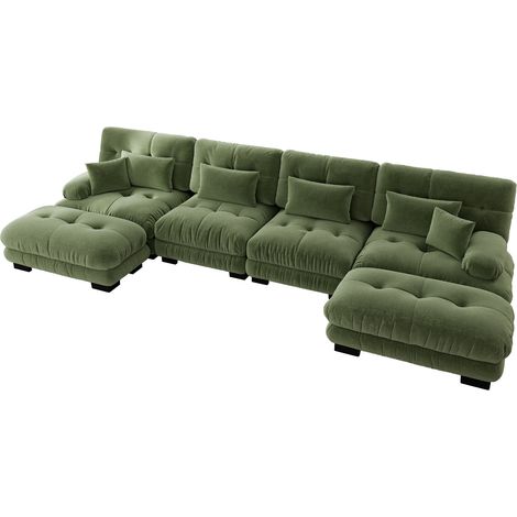ELVMI Divano angolare modulare 4 posti con pouf mobile e sedute profonde, in ciniglia, verde (1/5)