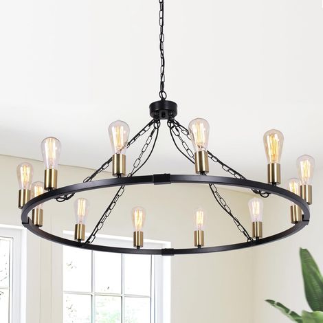 Ganeed Black Chandelier Rustic Chandeliers Ceiling Light 100cm Wagon Wheel Chandelier Height Adjustable Pendant Light for Dining Room Kitchen Living Room Bedroom (12 Lights) (1/5)