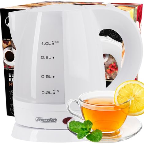 Mesko MS1276 Hervidor Agua Eléctrico, 1,0L, Resistencia Oculta, Inalámbrico, Apagado Automático, Base 360º 1600W Blanco (1/5)