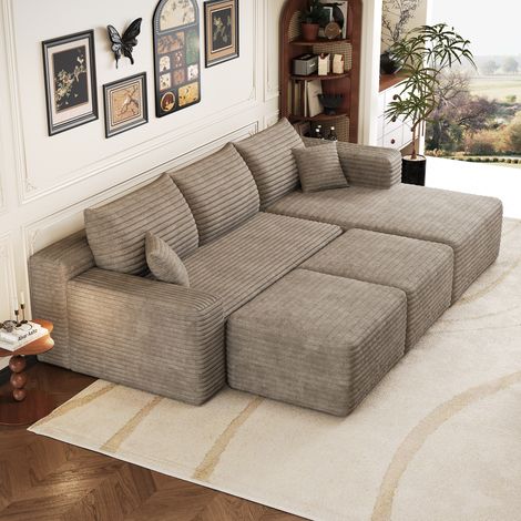 Canapé d’angle convertible XL 5 places sans montage, canapé en L avec méridienne à droit effet cloud en velours côtelé Camel, 241 x 151 x 58 cm (1/5)