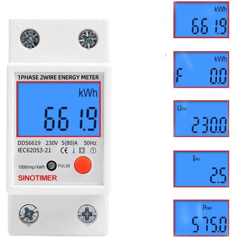 Compteur électronique monophasé multifonction - Affichage LCD rétroéclairé - Rail DIN - 5-80A 230V - Dimensions : 7.83.56.5cm (1/5)