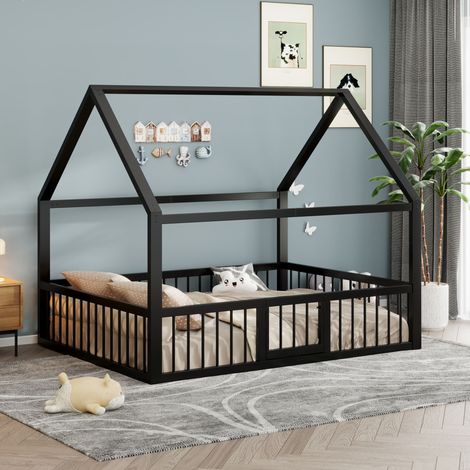 REDOM Lit enfant 140x200 cm avec barrières et portillon en métal noir (Sans matelas) (1/5)